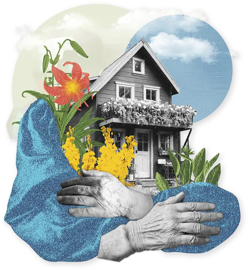 Casa com flores e mãos que abraçam
